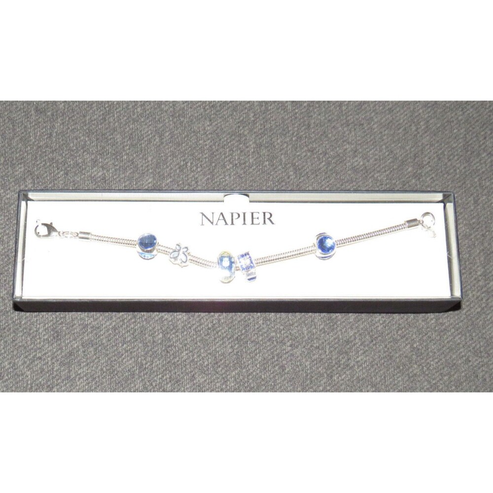 Napier Silver Tone Slide Charm Bracelet Beads Butterfly Perfume Bottle Blue